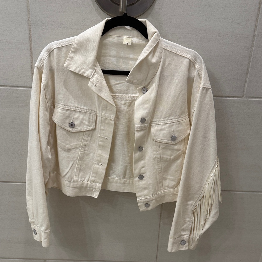 Cropped Cream Fringe Denim Jacket